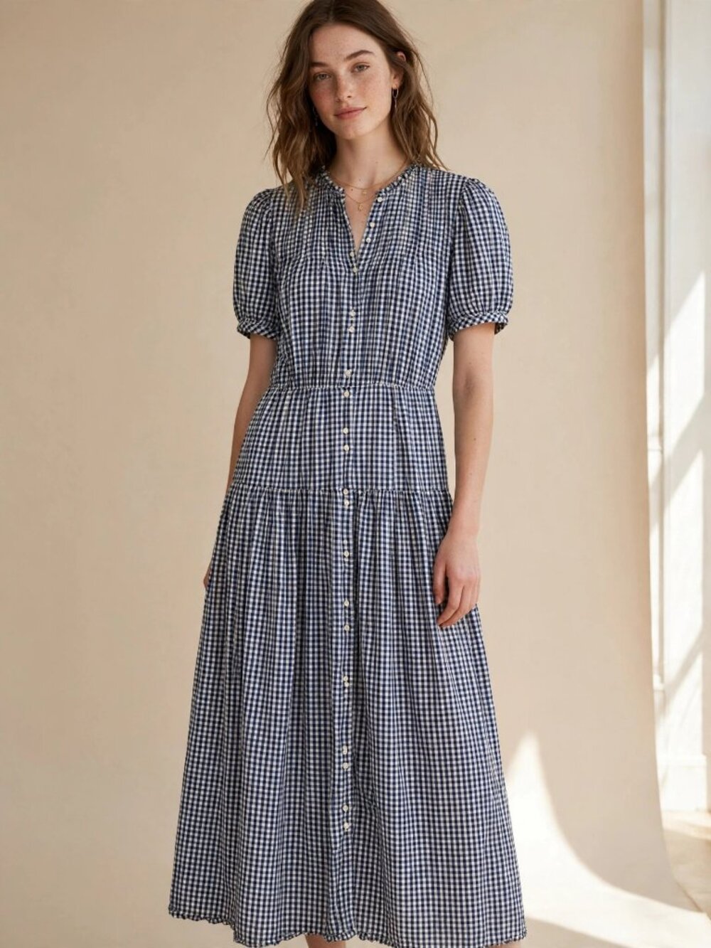 Gap x Doen Navy Gingham Maxi Dress Puff Sleeve Button Front S